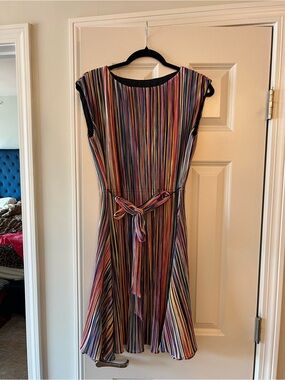 DKNY Multicolor Striped Midi Dress with Tie-Waist